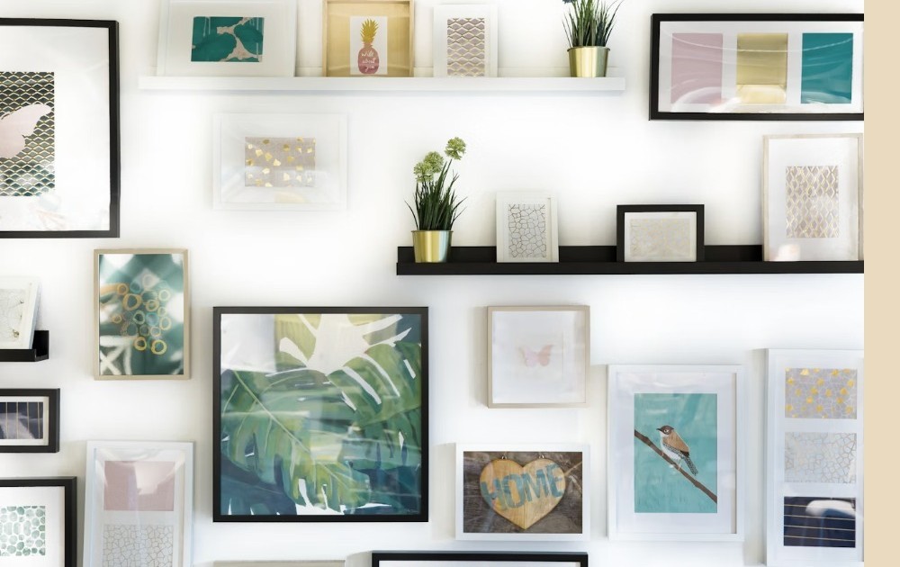A wall of collected art and objects